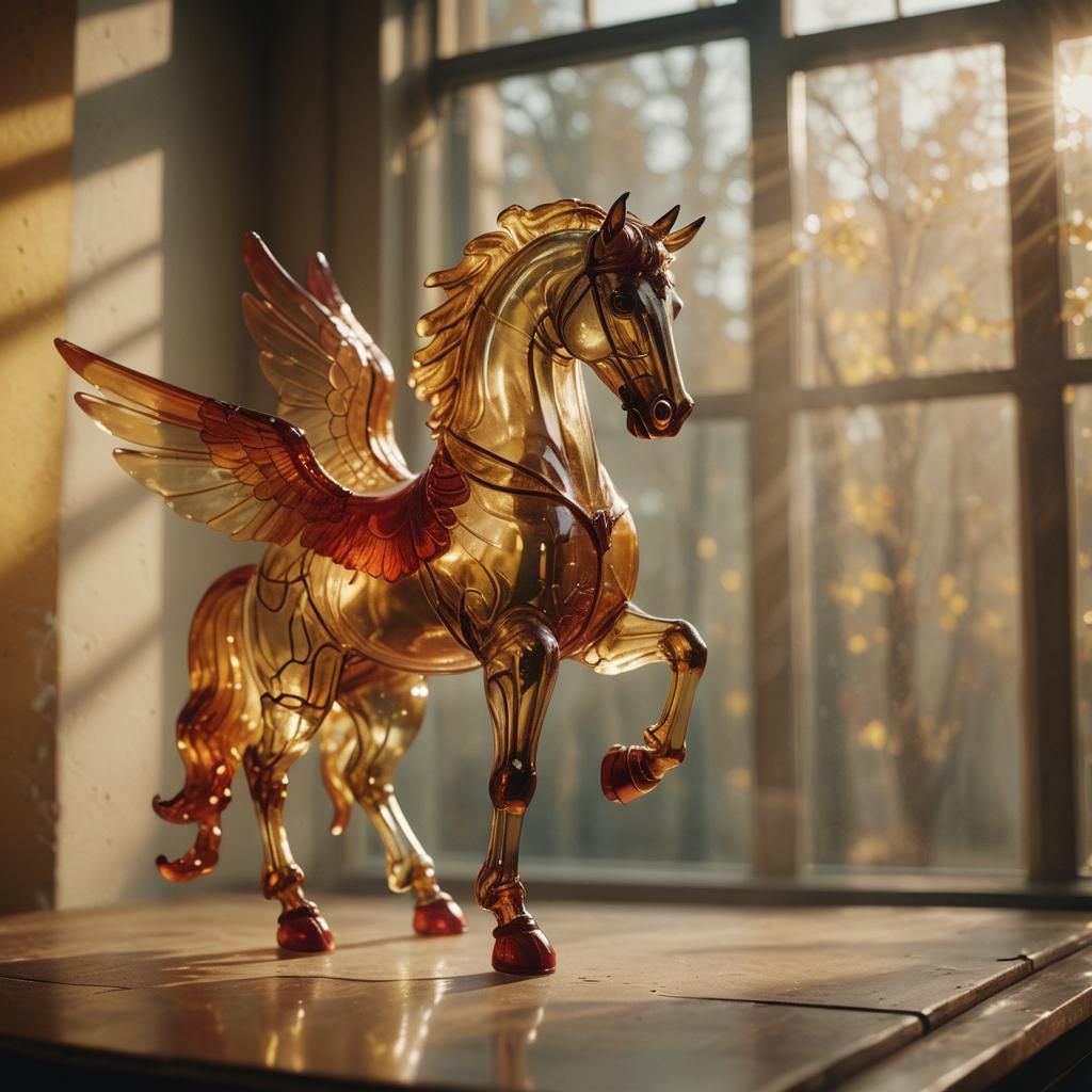 Winged Glass Horse Statue in Cinematic Lighting