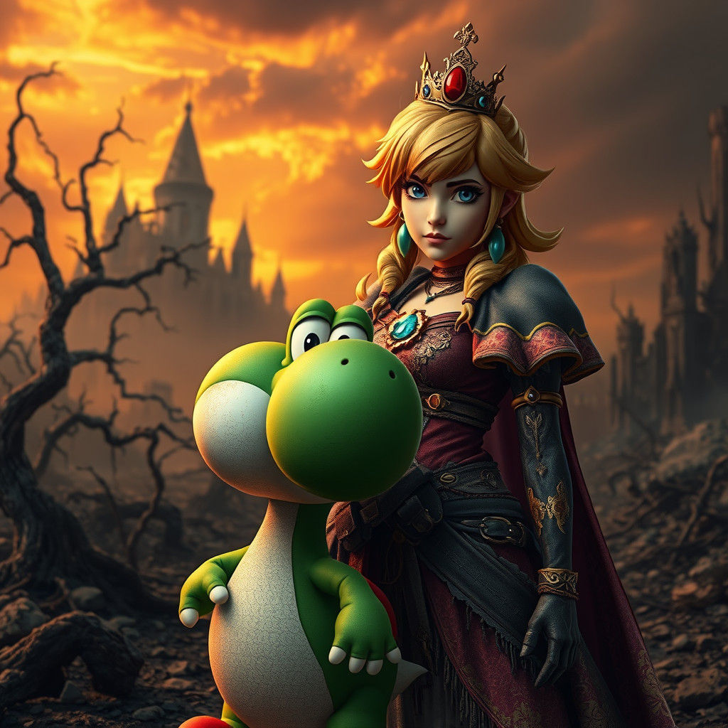 Princess Peach and Yoshi in Dark Fantasy Apocalypse