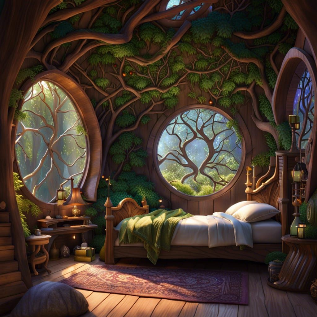 Enchanted Fey Bedroom with Fantasy Forest View