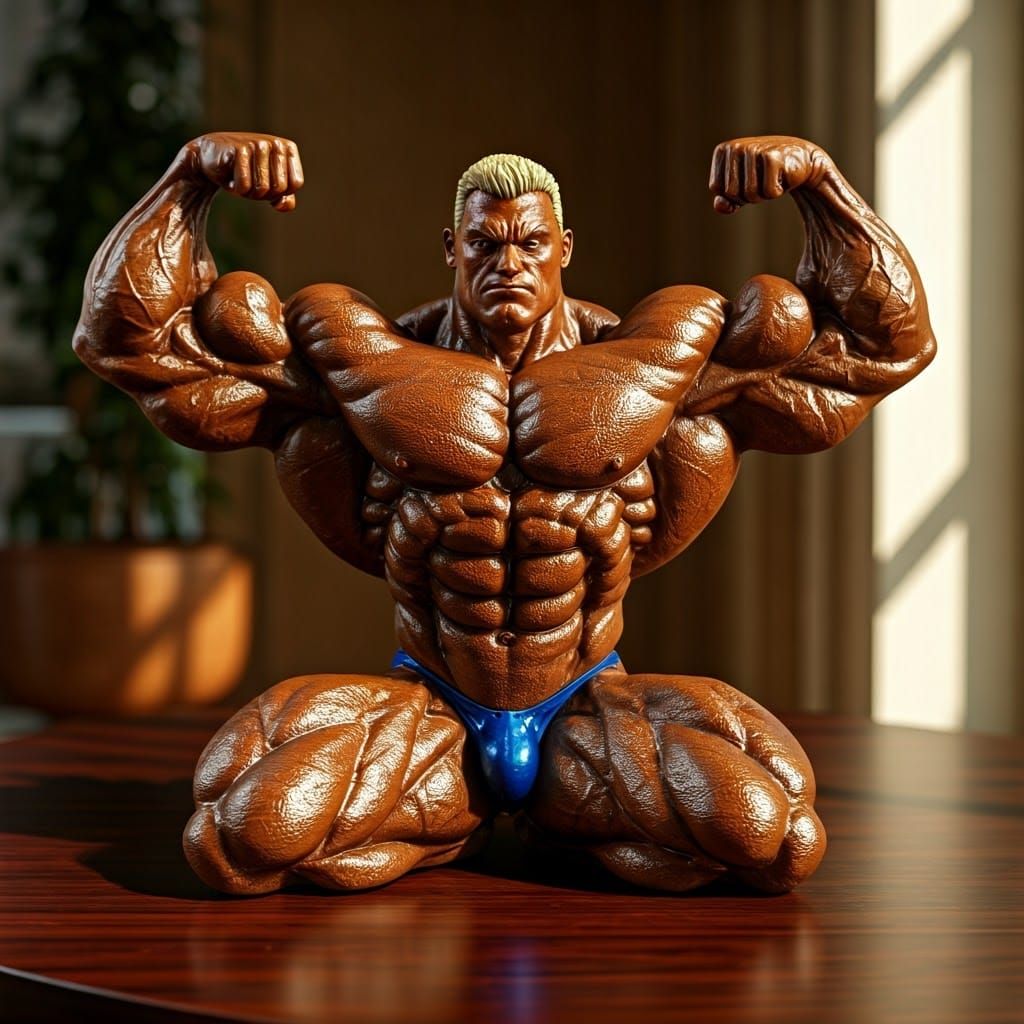 Enameled Glass Bodybuilder Figurine Flexing in Sunny Room