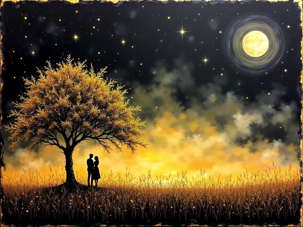 Serene Night Landscape in Burnished Gold and Ink