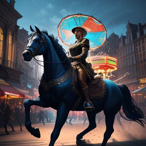 Vibrant City Carousel at Night, Dramatic Lighting