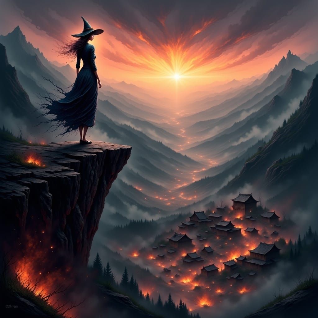 Witch on Mountain Cliff Oversees Burning Village