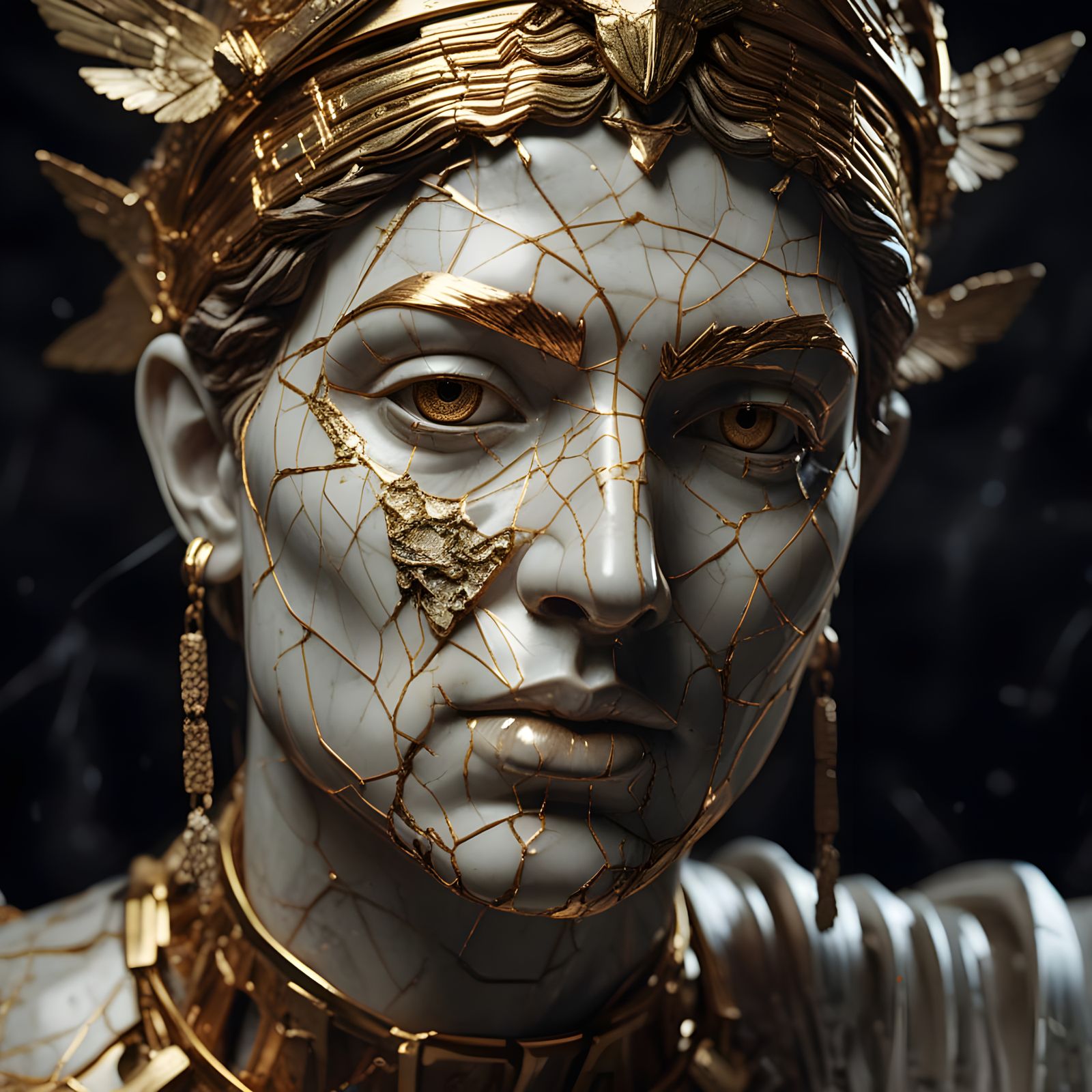 Shattered Greek Statue Face Reimagined With Golden Neural Ne...