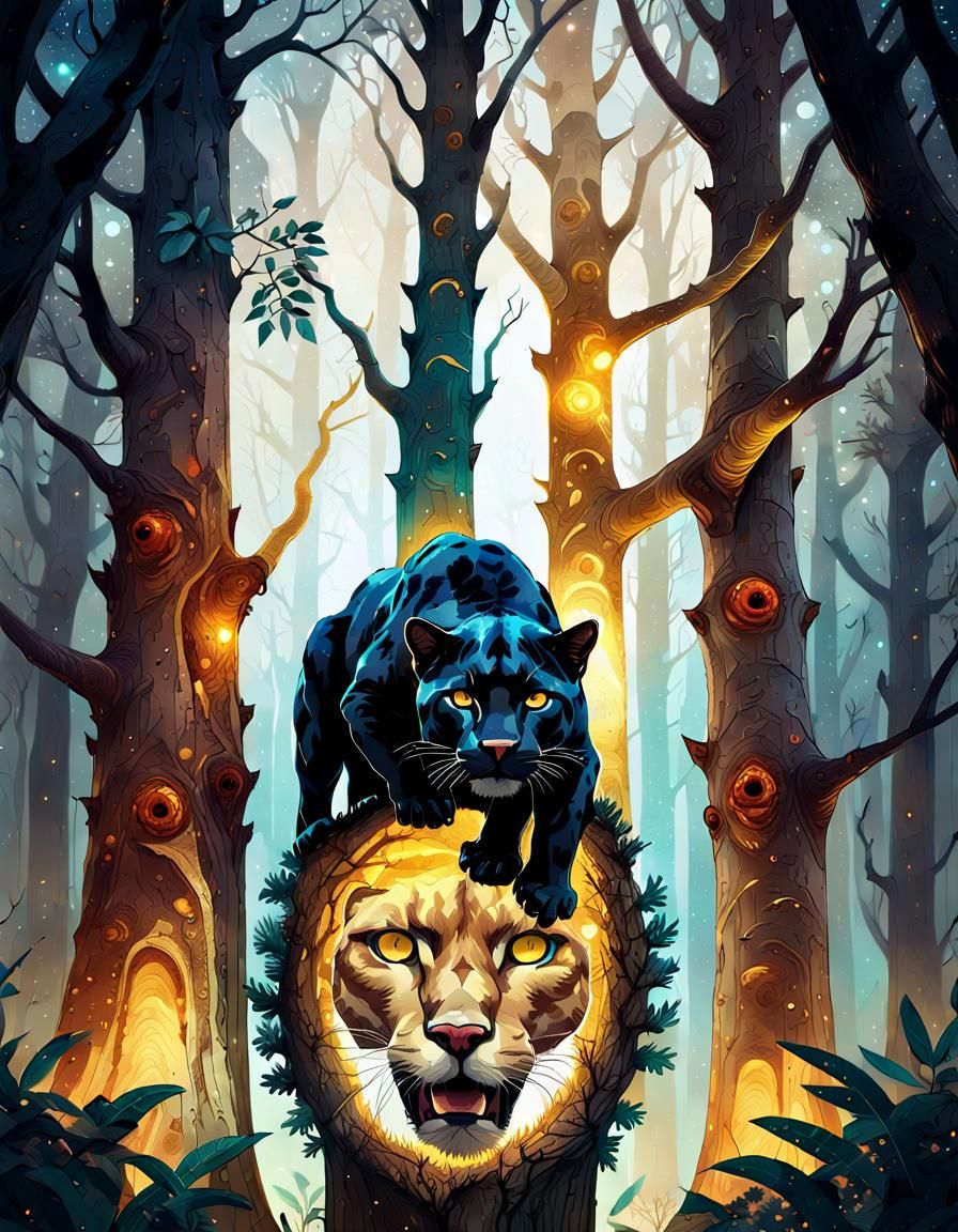 Panther and Tree Double Exposure Collage Art