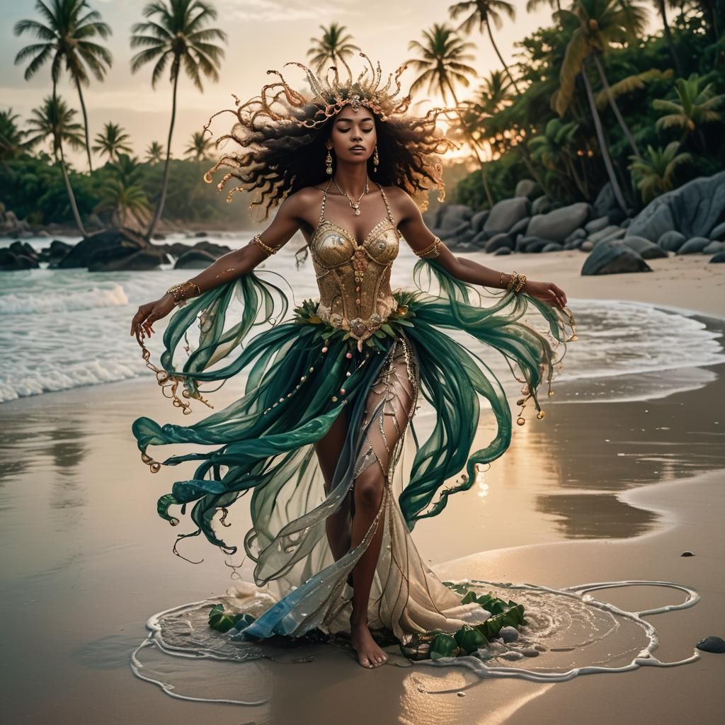 Jellyfish Dancer on Rocky Shore: Astral Illustration