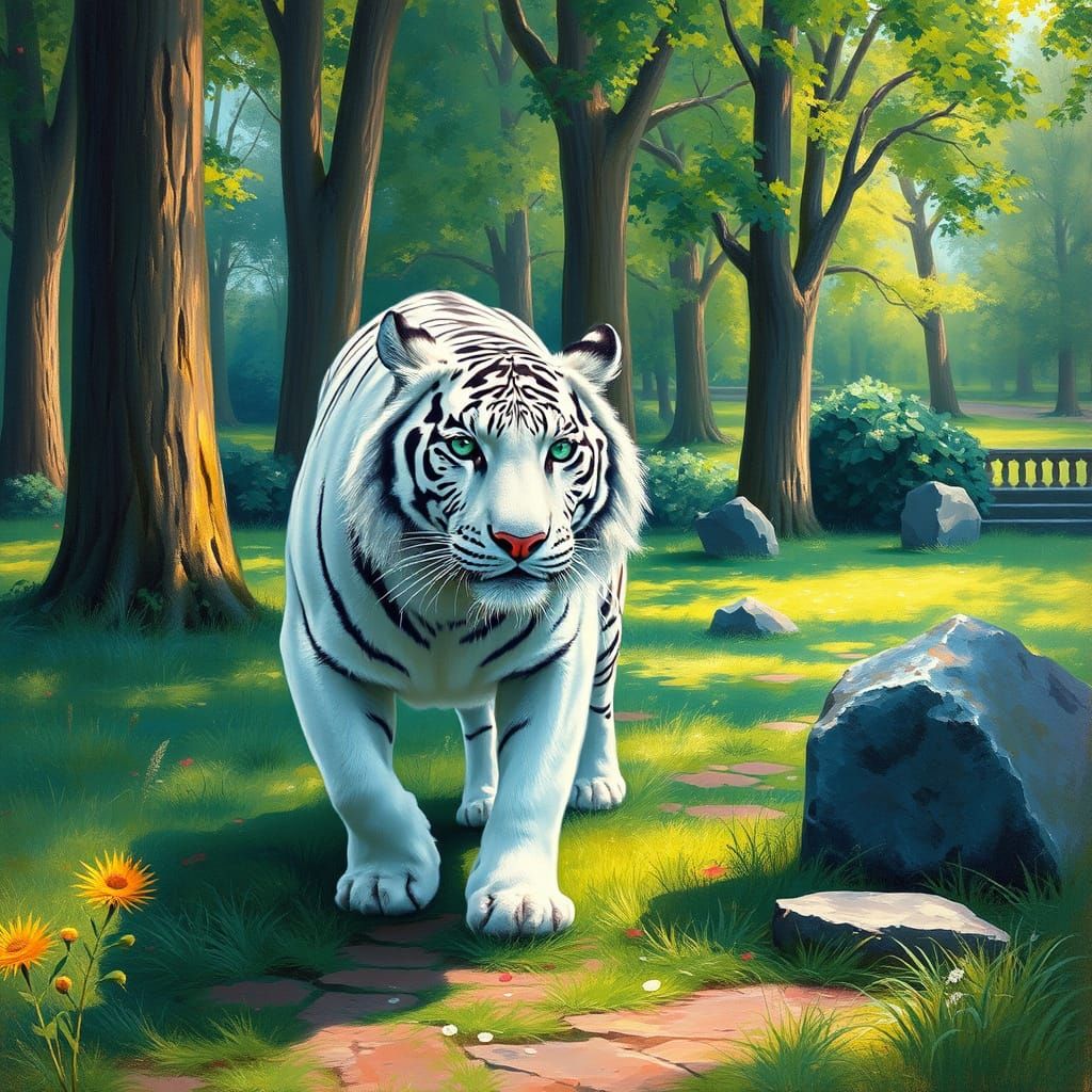 Regal White Tiger Strolls Through a Serene Impressionist Par...