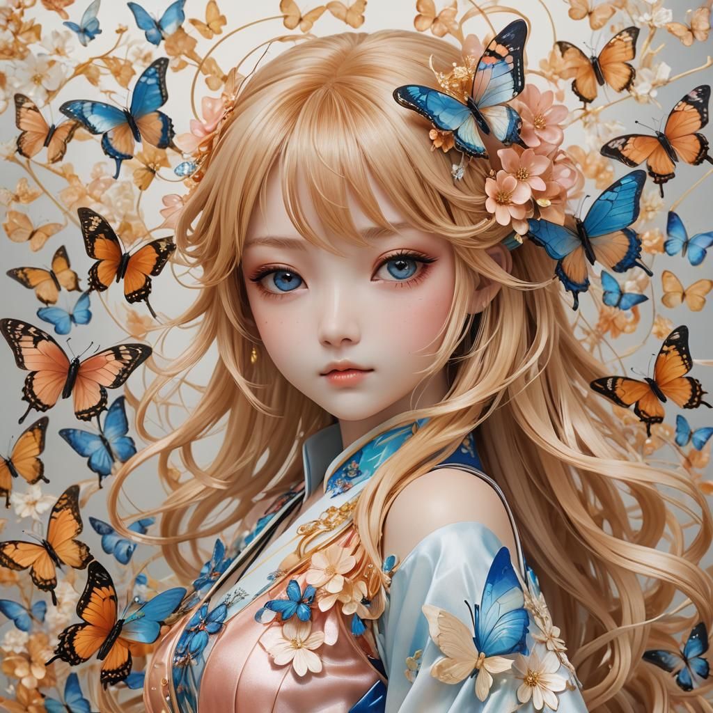 Anime Girl with Butterfly Hairpins in 3D Rendered Art