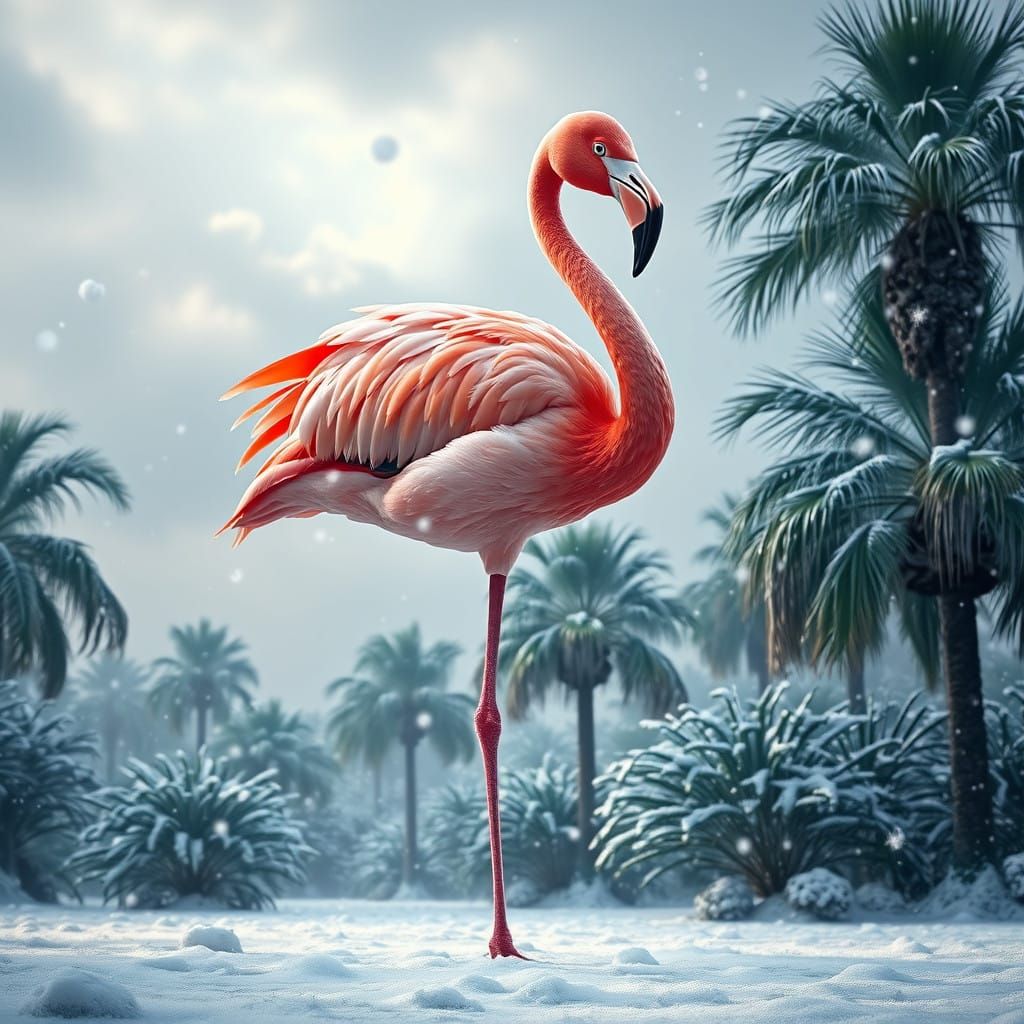 Surreal Pink Flamingo in Snowy Florida Landscape