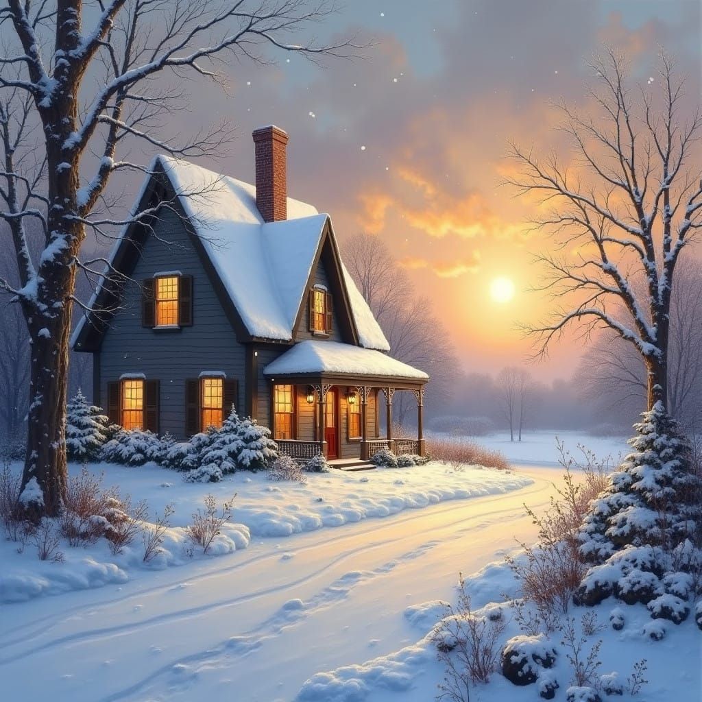 Snowy Winter Scene with Warm Sunlight and Cozy House