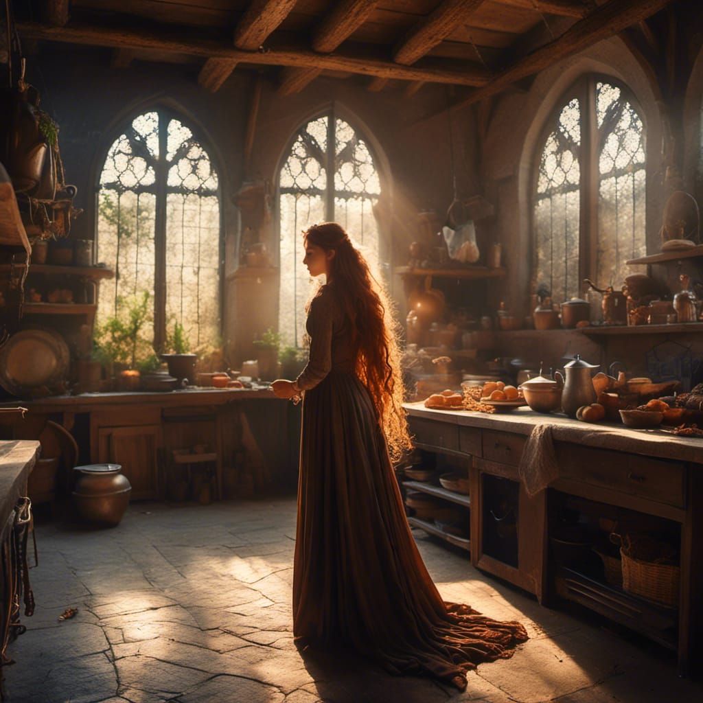 Anime Half-Elf in Medieval Kitchen