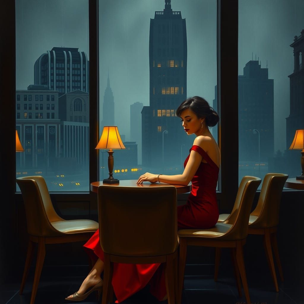 Woman in Crimson Dress Contemplates in Urban Café