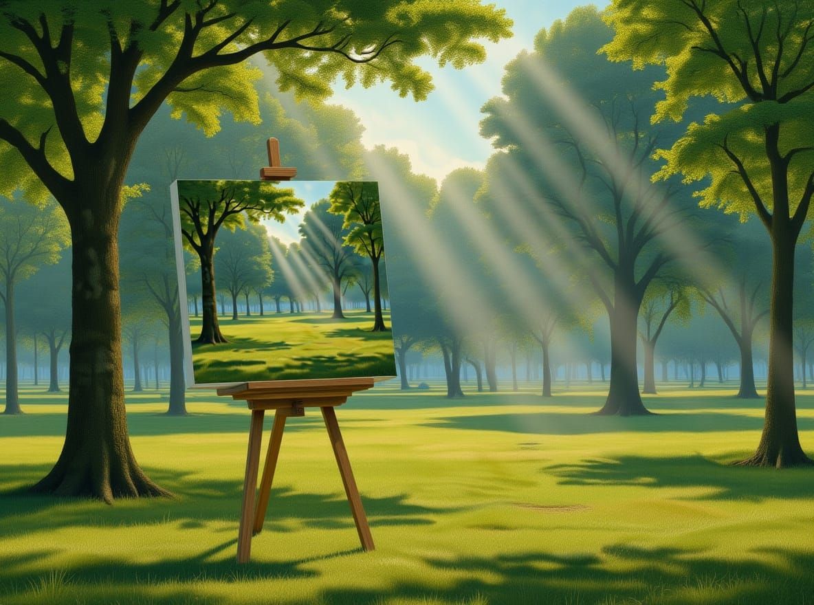 Surreal Park Scene Merged with Canvas in Hyper-Realistic Mag...