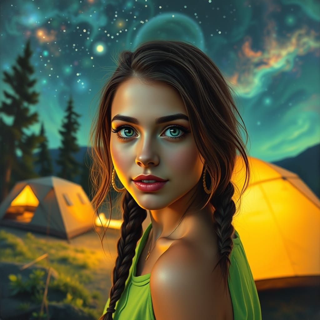 Neon Green Oil Painting of Woman Camping