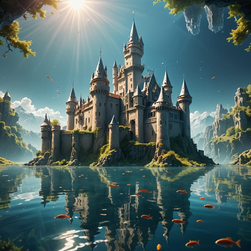 Ancient Castle Hidden in Transparent Lake, Hyperrealistic Ar...