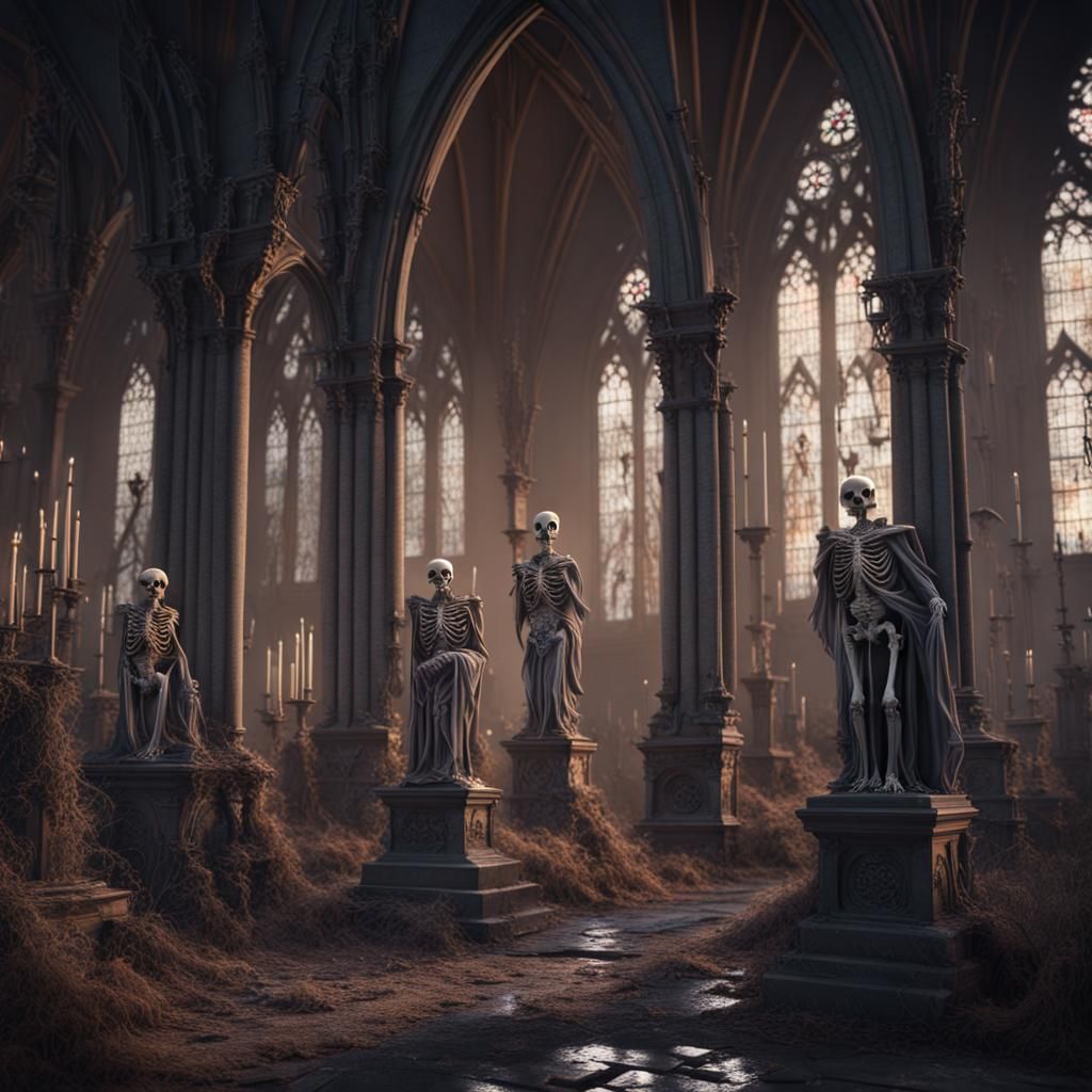 Gothic Graveyard Church with Skeletons at 3AM