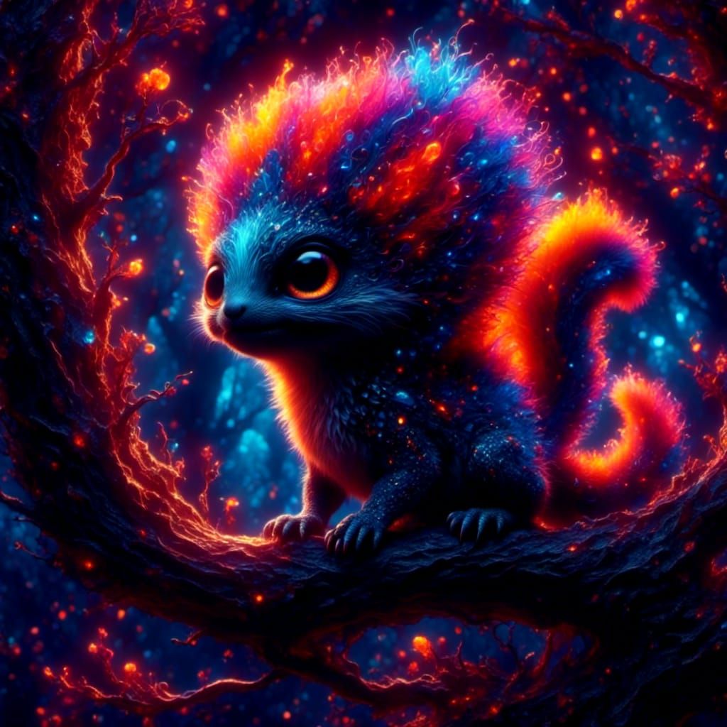 Colorful Furry Alien Climbing a Tree