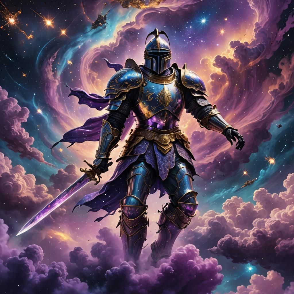 Cosmic Knight in Space: Surreal Mixed Media Illustration