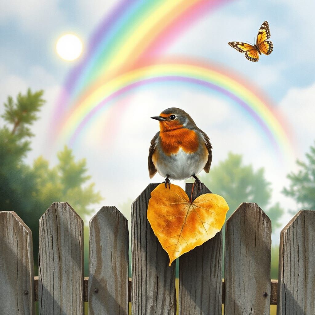 Robin on Fence with Rainbow in Watercolor Style