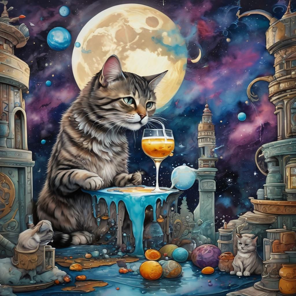 Fantastical Cat Sharing Milk Under Planetary Moon