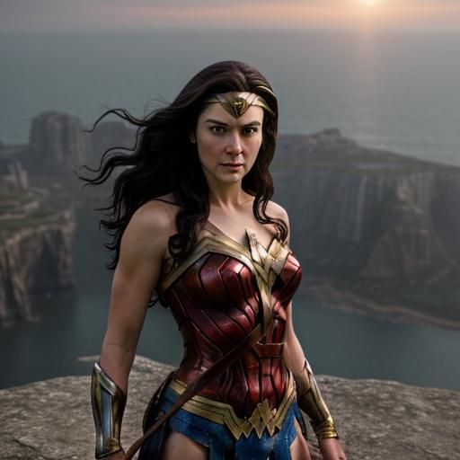 Wonder Woman Overlooks Mystical City at Sunset