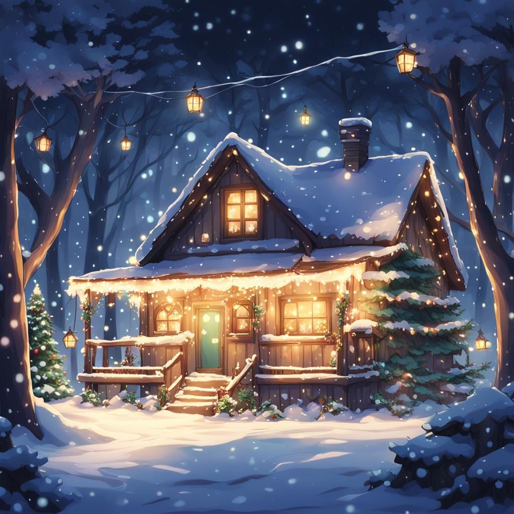 Cozy Christmas House in Snowy Woods, Anime Style