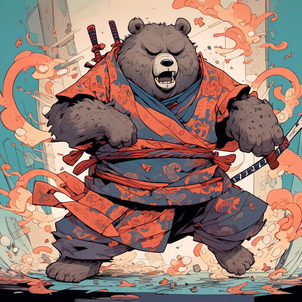 Anime Samurai Bear Surrounded by Ghosts in Doodle Style