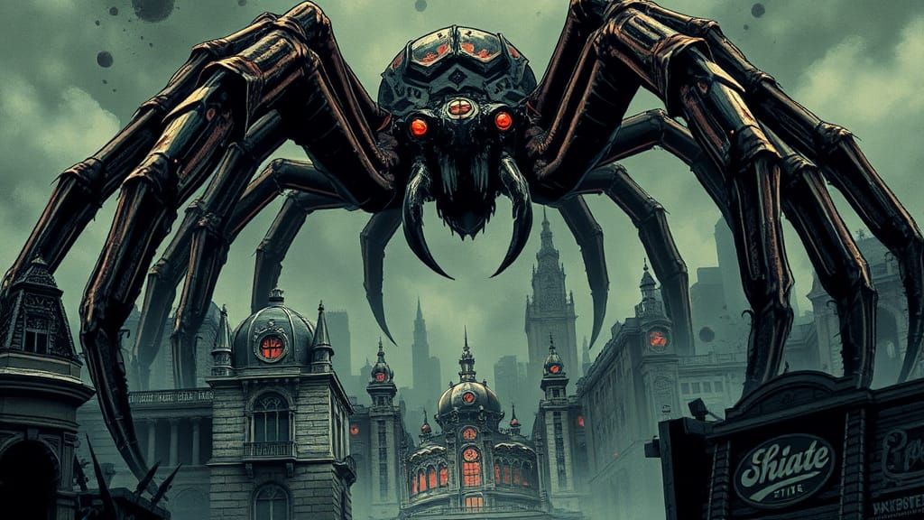 Giant Tarantula Towers Over Retro-Futuristic Cityscape