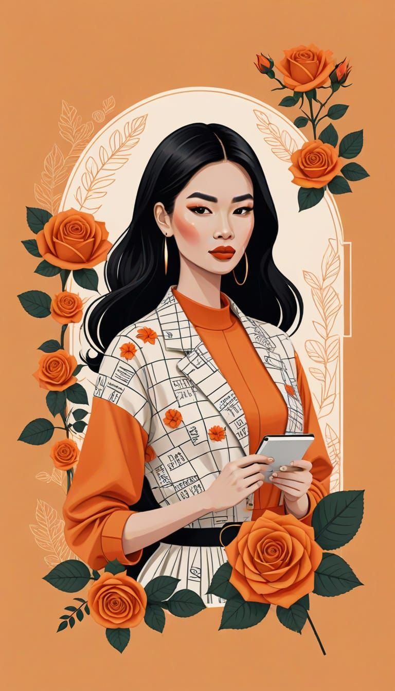 Elegant Fashion Logo Featuring Asian Woman with Rose