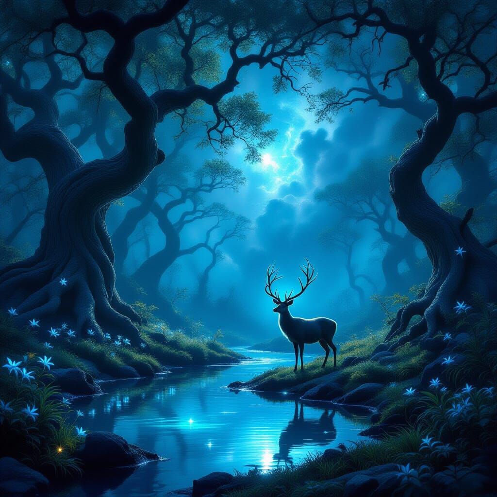 Mystical Forest Clearing with Spectral Deer and Nebula Sky