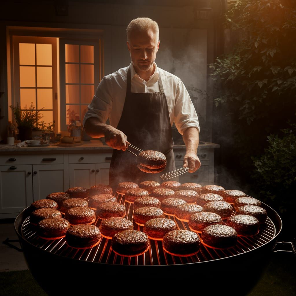 Father Grilling Burgers in Warmly Lit Backyard