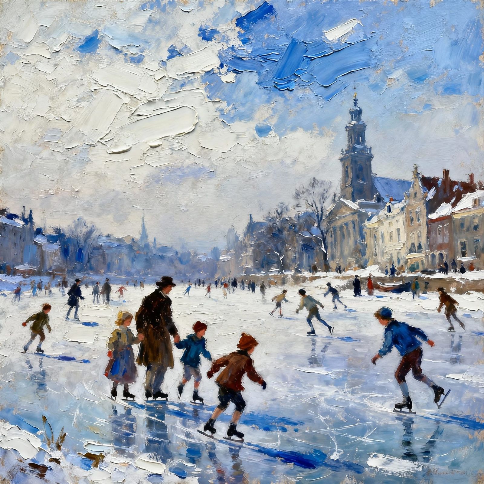 Winter Skating Scene in Gouache Watercolor Style