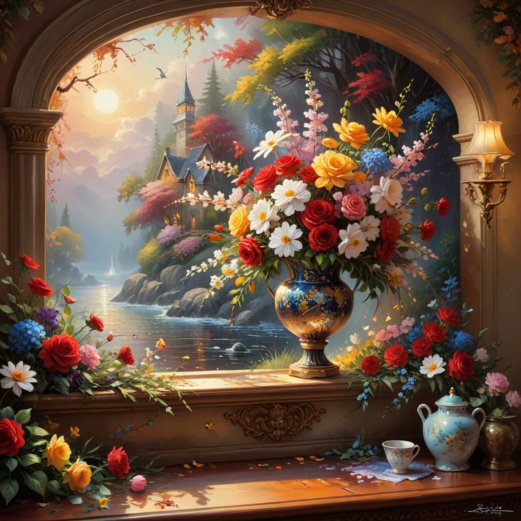 Vibrant Floral Masterpiece in Majolica Style