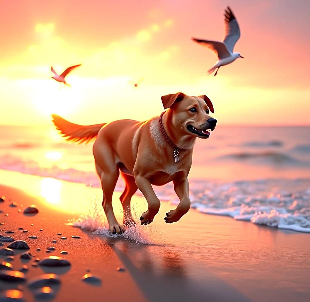 Brown Labrador Basks in Vibrant Sunset Beach Scene