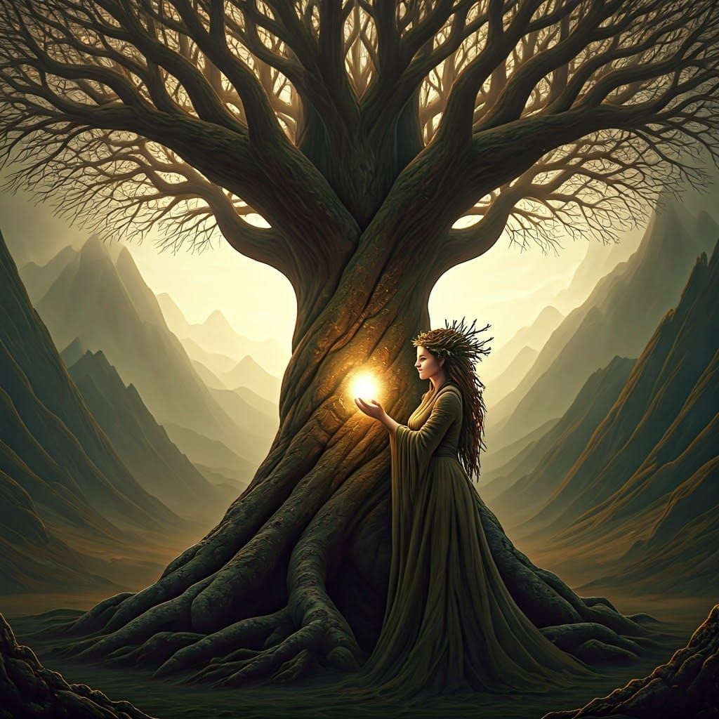 Gaia Tending to Ygdrassil in a Norse Mythology-Inspired Land...
