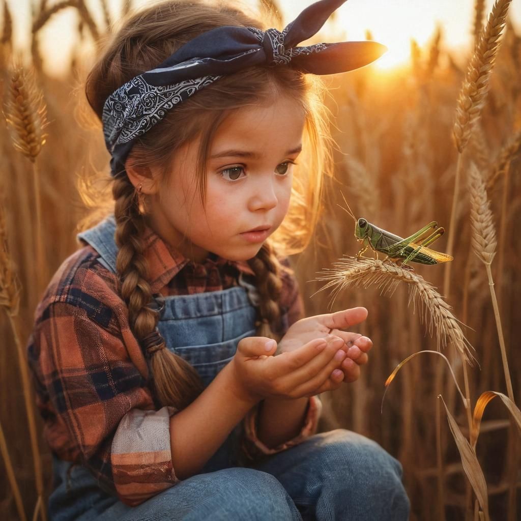 Little Girl's Awe: Wheat Field Encounter