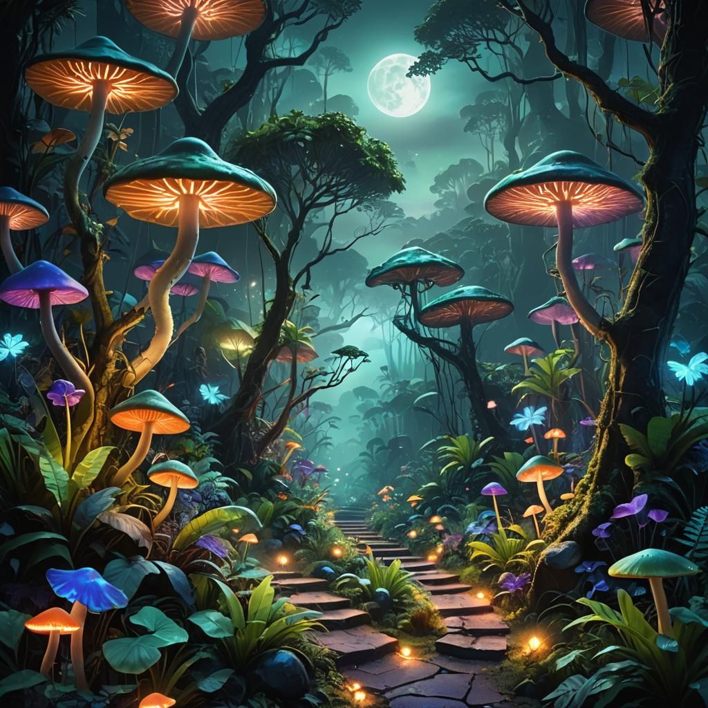 Luminescent Pathway Through Tropical Rainforest at Night