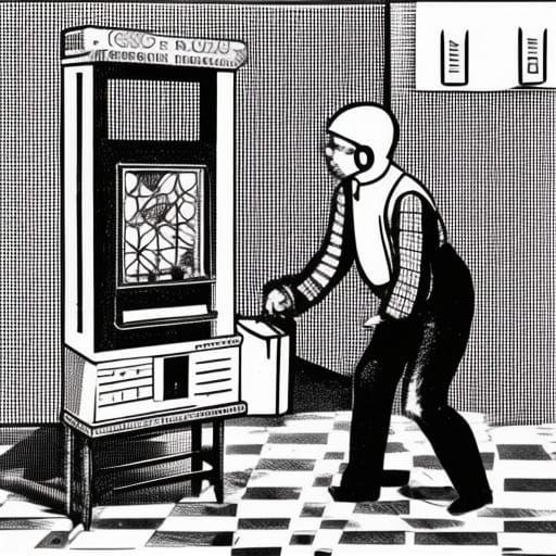 Checkered Researchers Prepare Skinner Box: Linocut Style