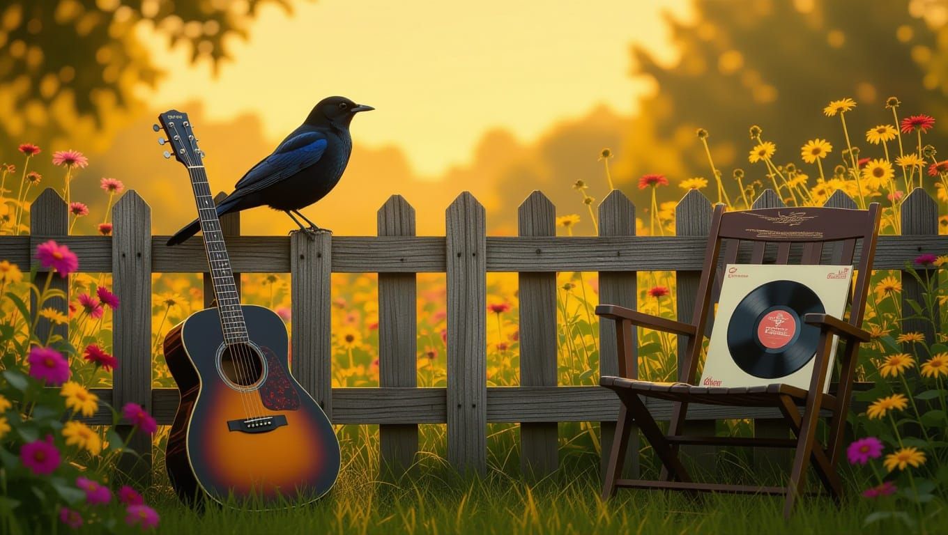 Whimsical Blackbird in Country Garden with Guitar and Beatle...