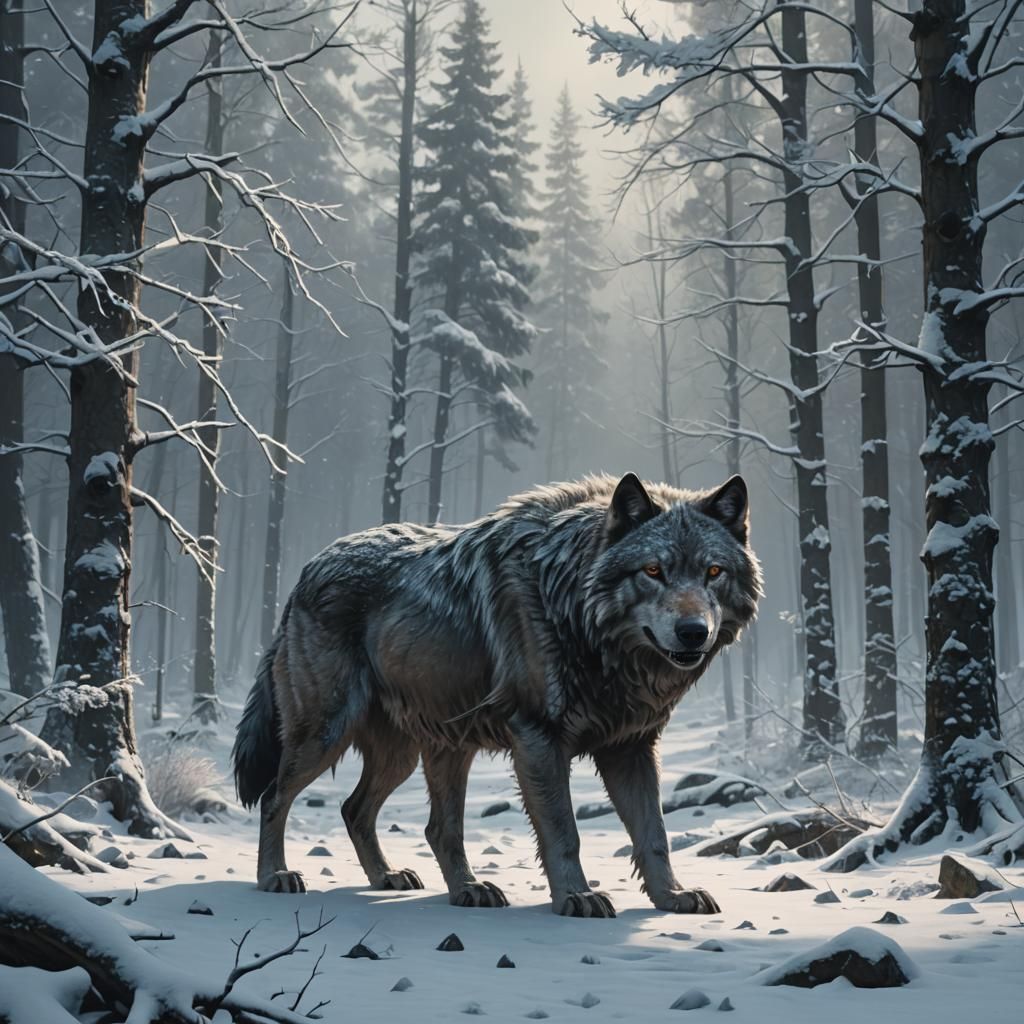 Dire Wolf in Snowy Forest, Digital Matte Painting