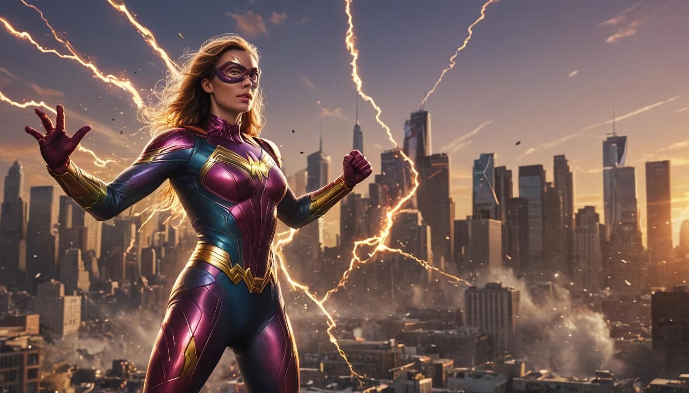 Superheroine Buzz Discharges Energy in Cityscape Pop Art