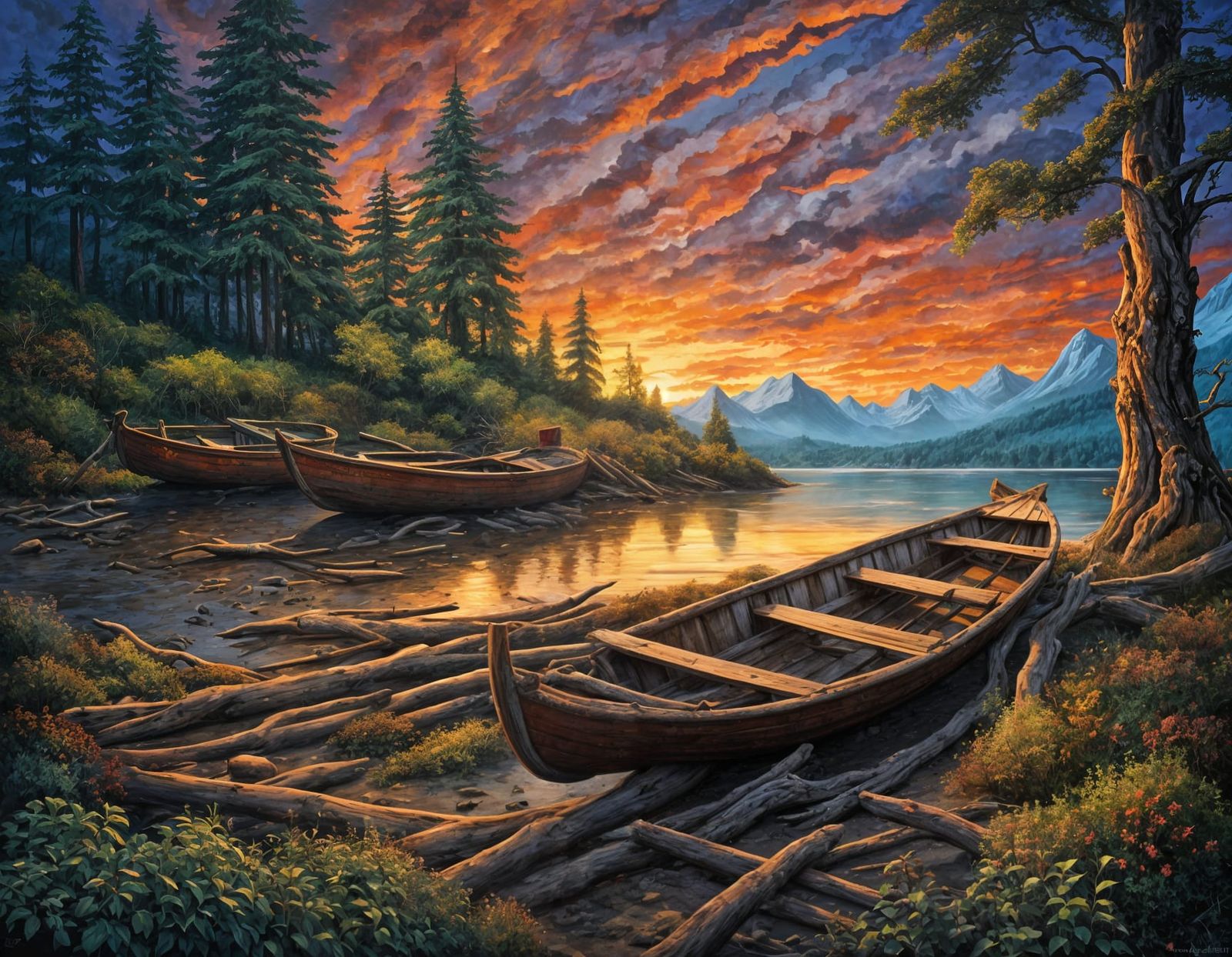 Whimsical Pacific Northwest Beach Scene with Driftwood and R...