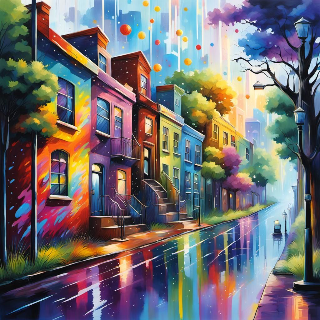 Colorful City Starry Night Street Art