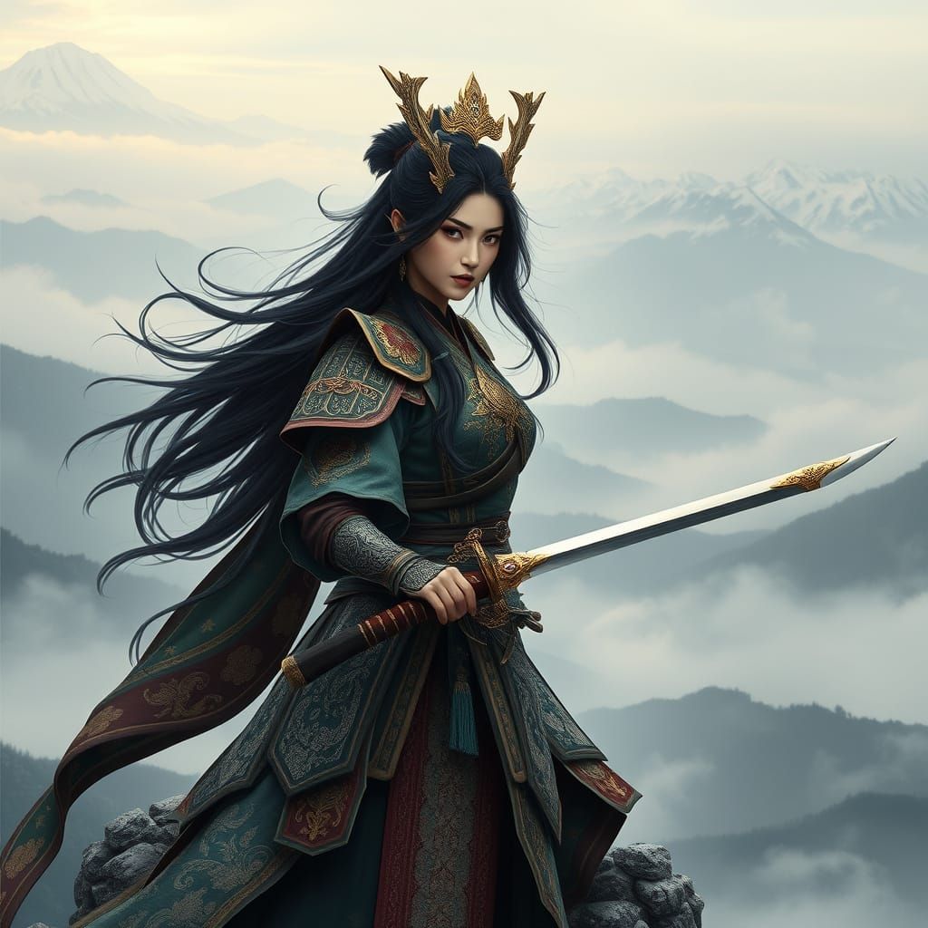 Regal Warrior on Fog-Shrouded Mountain Peak in Samurai-Inspi...