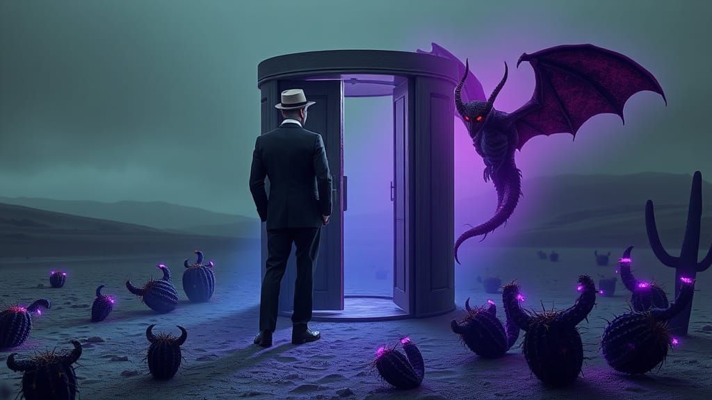 Surreal Desert Portal with Gentleman and Demon