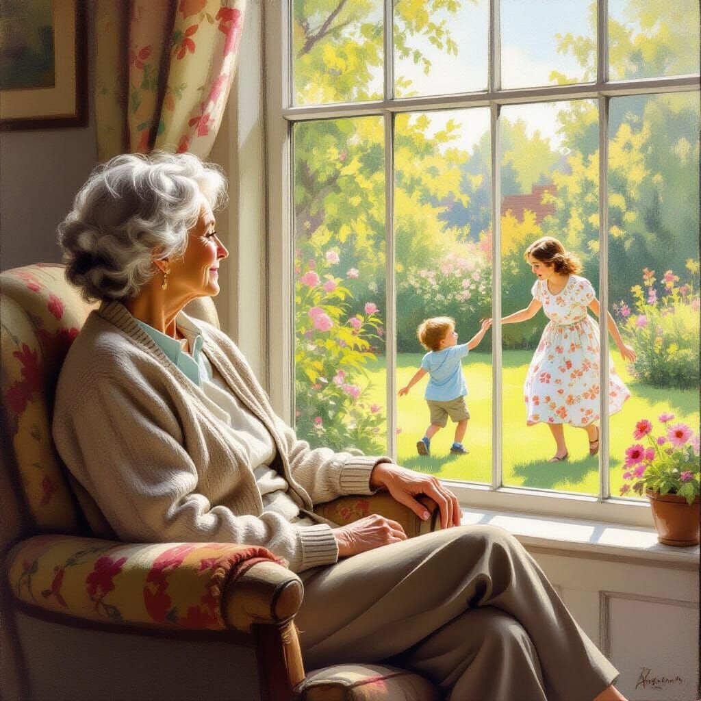 Nostalgic Scene: Woman Watching Children Play, Impressionist...