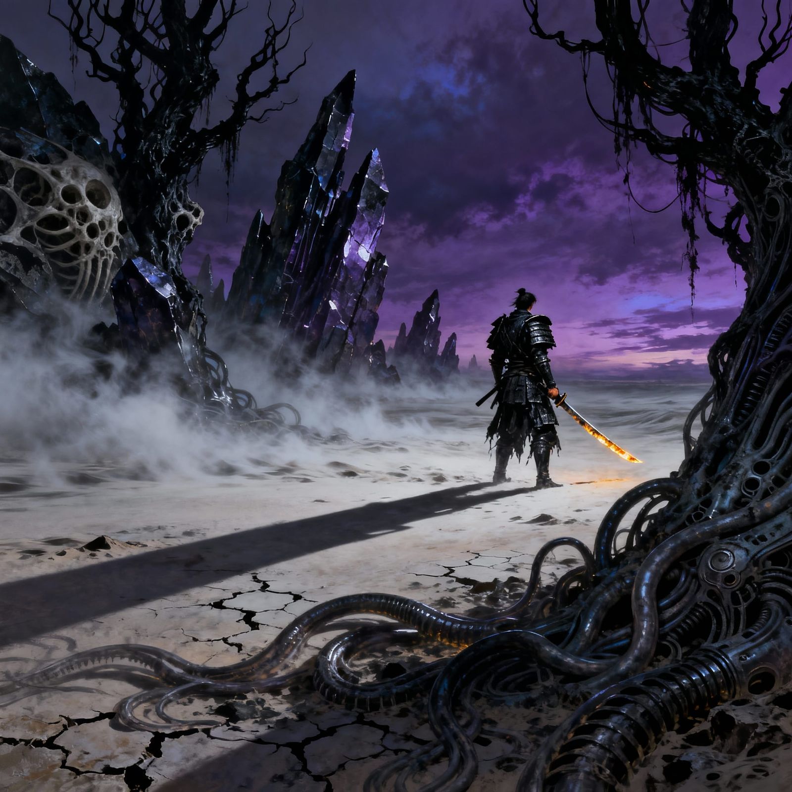 Lone Samurai in Dark Fantasy Landscape