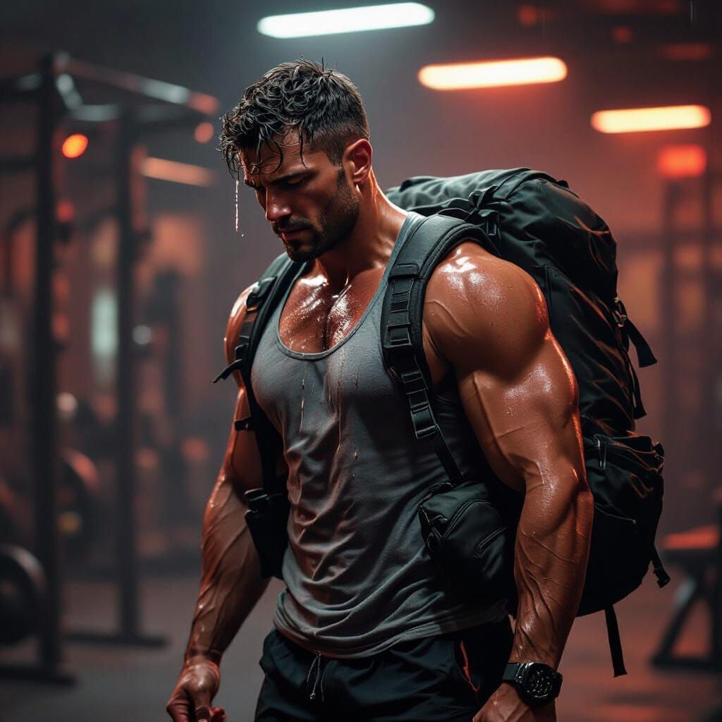 Muscular Man Sweating Heavily in Hot Gym