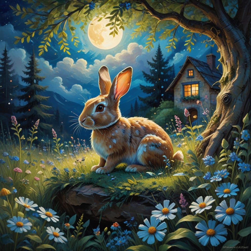 Glowing Rabbit in Enchanting Moonlit Meadow