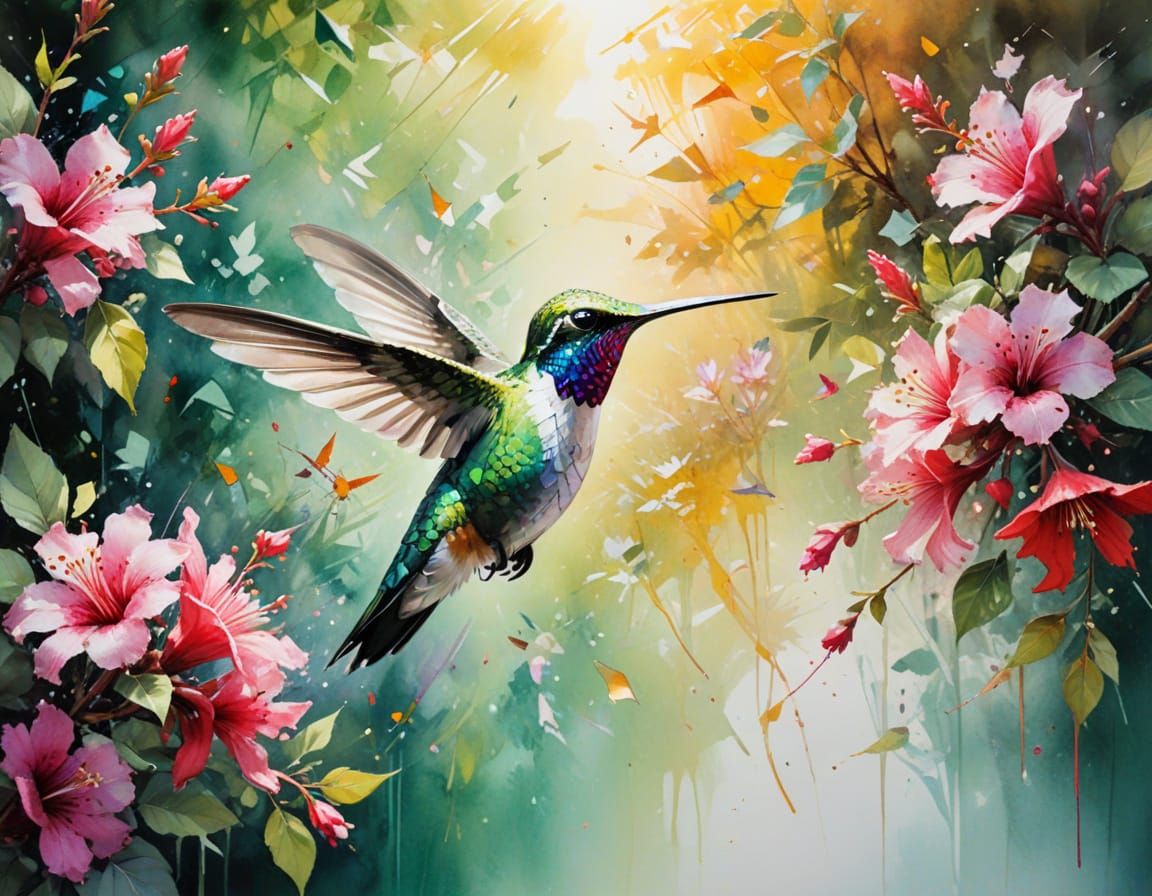 Hummingbird in Blossoms: Stylized Watercolor Art